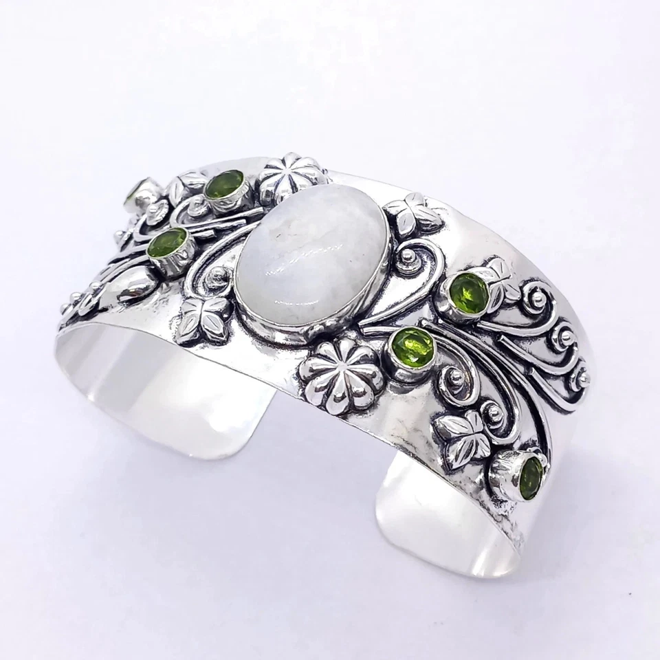 925 Sterling Silver Moonstone & Peridot Gemstone Jewelry Cuff Bracelet Size-ADJ - Image 3 of 4