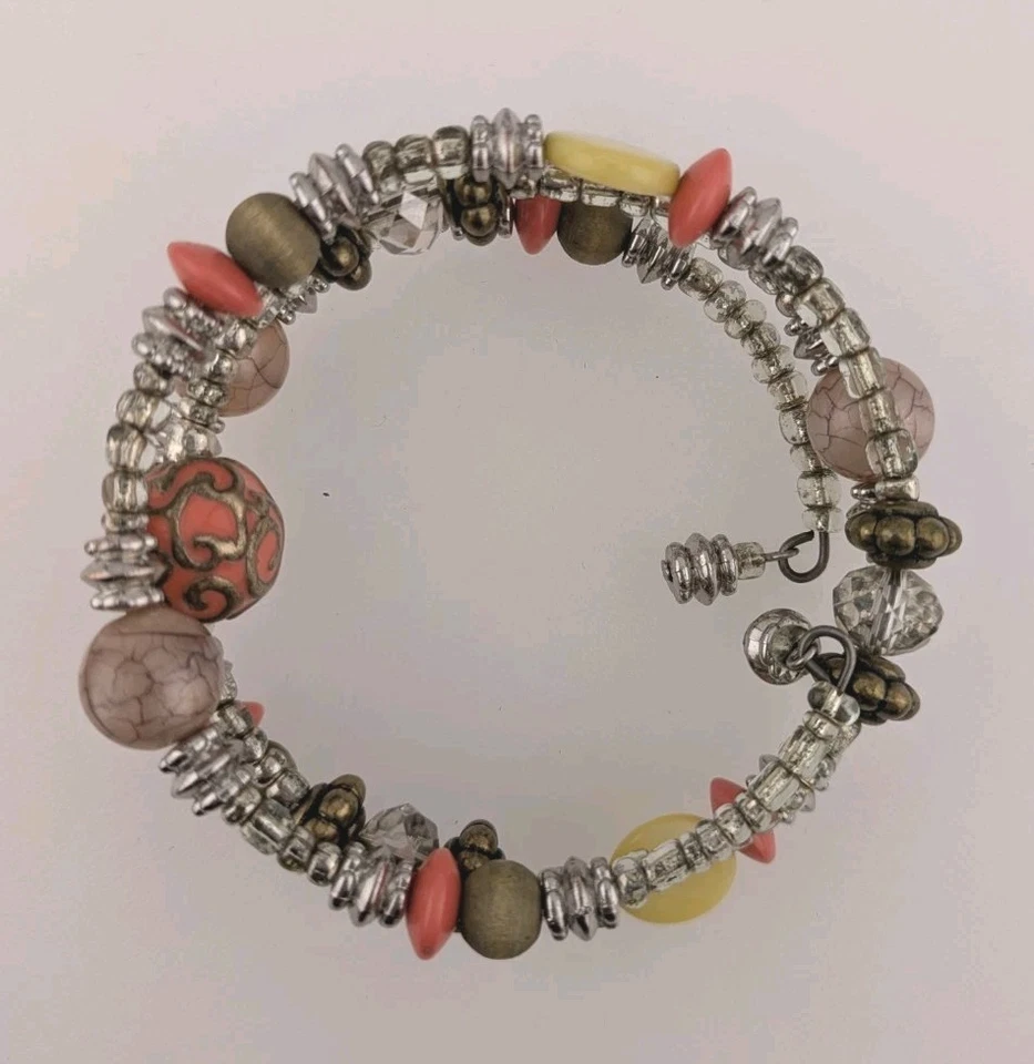 Three Beaded Wrap Bracelets Wire Cuff 1" To 2" Glass Ceramic Green Silver Orange - Image 4 of 4