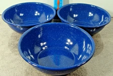 Set of 3 Coleman Enamelware Bowls 6"x2" 20-ounces Metal Blue Speckled Camping