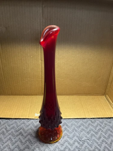 Vintage Fenton Amberina Hobnail Swung Bud Vase Orange Red Yellow GLOWS 8.75”