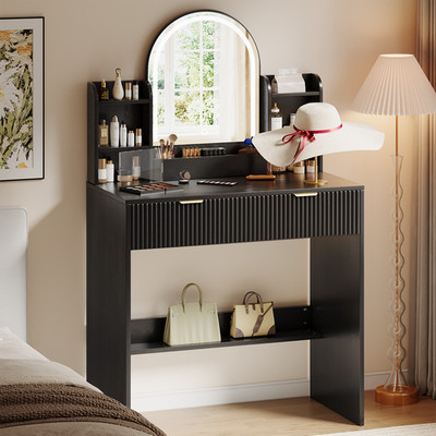 Wooden Vanity Desk with Lighted Mirror, 2 Drawers & Storage, Makeup Table