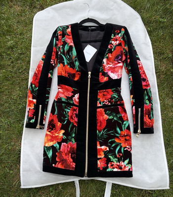 Balmain Floral Velvet Zip Front V-Neck Lined Long Sleeve Mini Dress 38