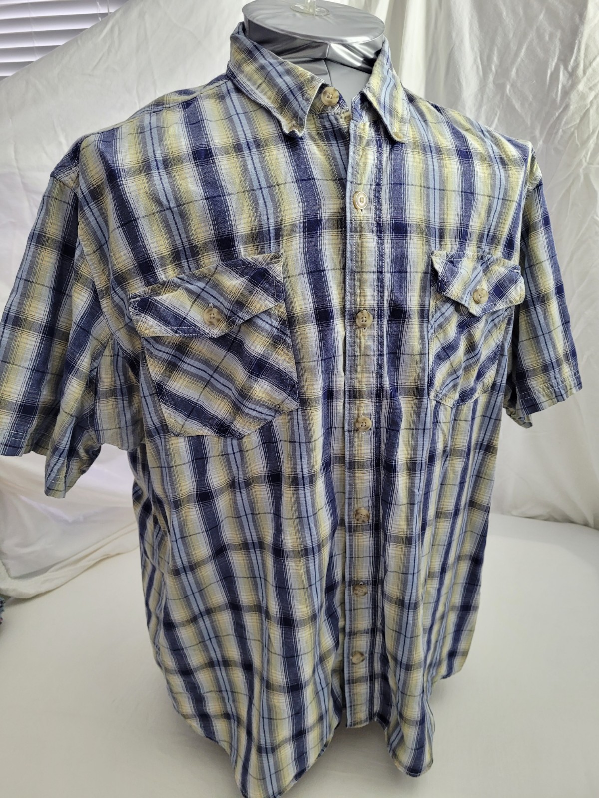 Duluth Trading Co Plaid Long Sleeve Button Up Shirt Men's 2XL Tan Blue Yellow