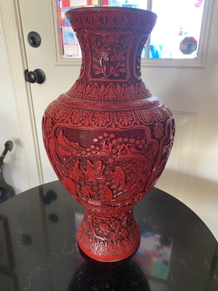Red Cinnabar Story Vase Chinese Hand Carved Body with Brass Mouth - Image 2 of 4