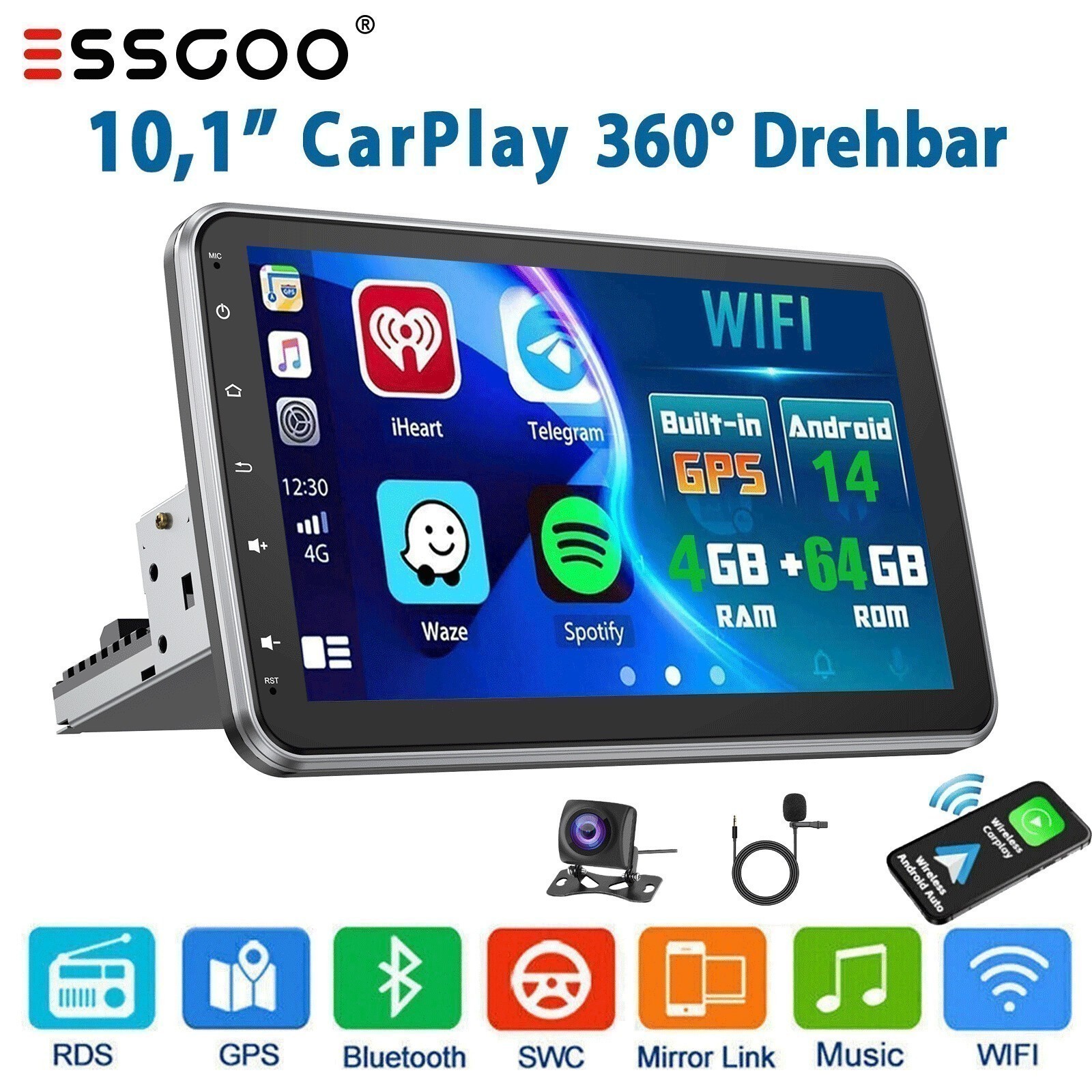 Autoradio 4+64G Android 14 Carplay GPS NAVI FM SWC 1 DIN 360° schermo girevole