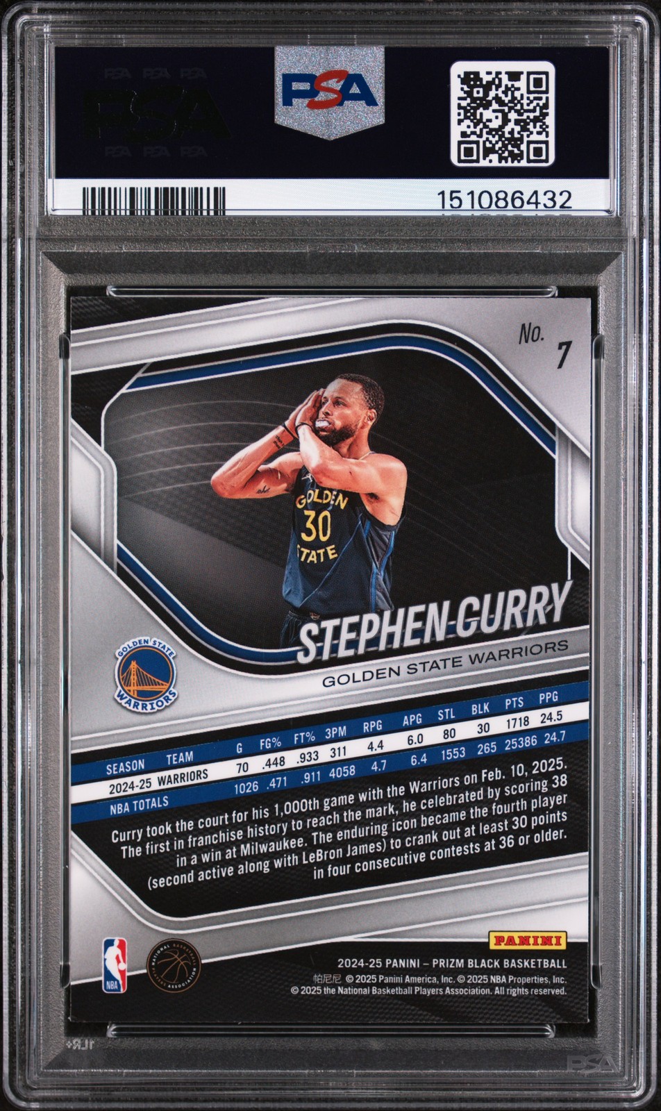 2024 PANINI PRIZM BLACK #7 STEPHEN CURRY PSA 9 view 2