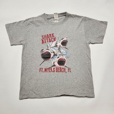 Vintage Y2K Shark Attack Shirt Youth 8-10y Grey Ft Myers Beach Florida Graphic T