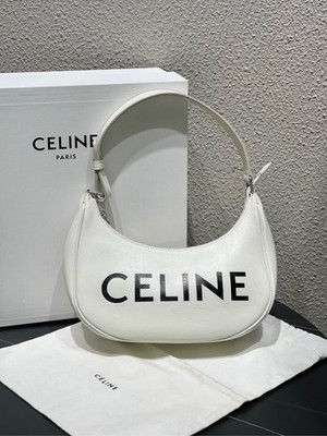 Celine AVA White Leather Logo Print Pea Shoulder Bag For Women