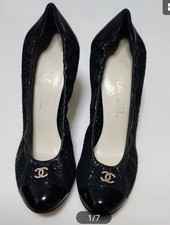 CHANEL Pumps High Heel Black Elegant Logo 23cm Size