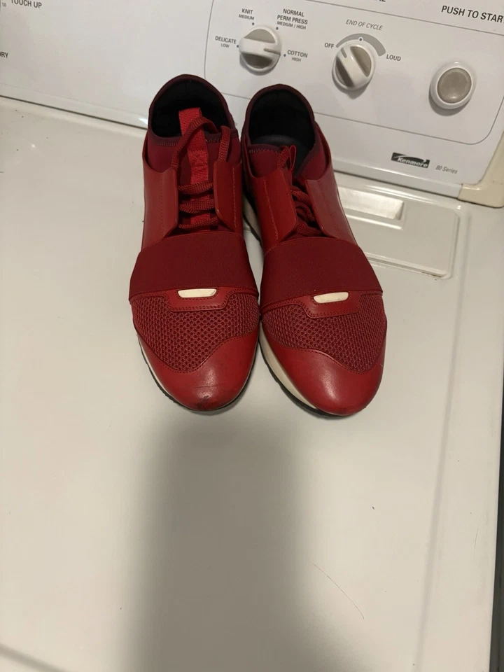 Balenciaga Red Mesh And Leather Race Runner Low Top Sneakers - Image 2 of 4