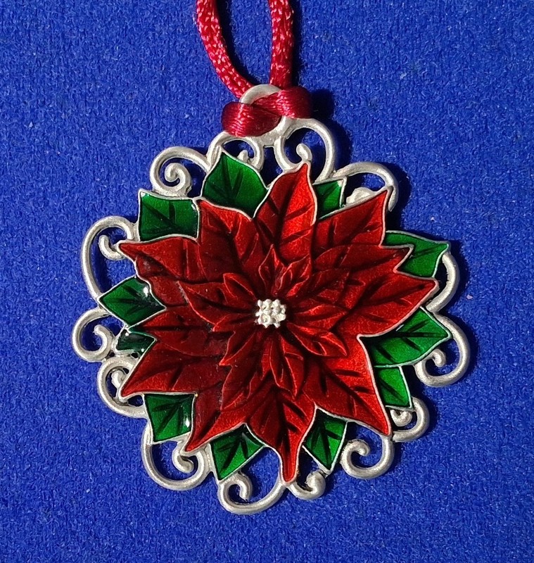 Double Sided Solid Pewter Poinsettia Christmas Tree Ornament Translucent Enamel