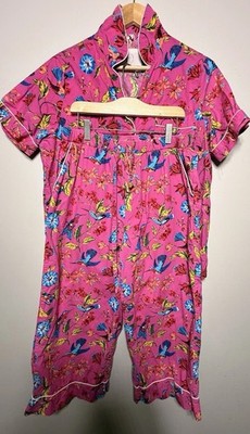 Printfresh Hummingbird Pajama Set Pink Cotton Floral Short Sleeve Shirt Pants S