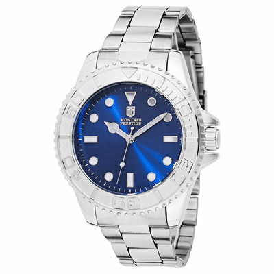 Montres Prestige Men's Diver Watch Blue Sunburst Dial Quartz SS Bracelet 30m