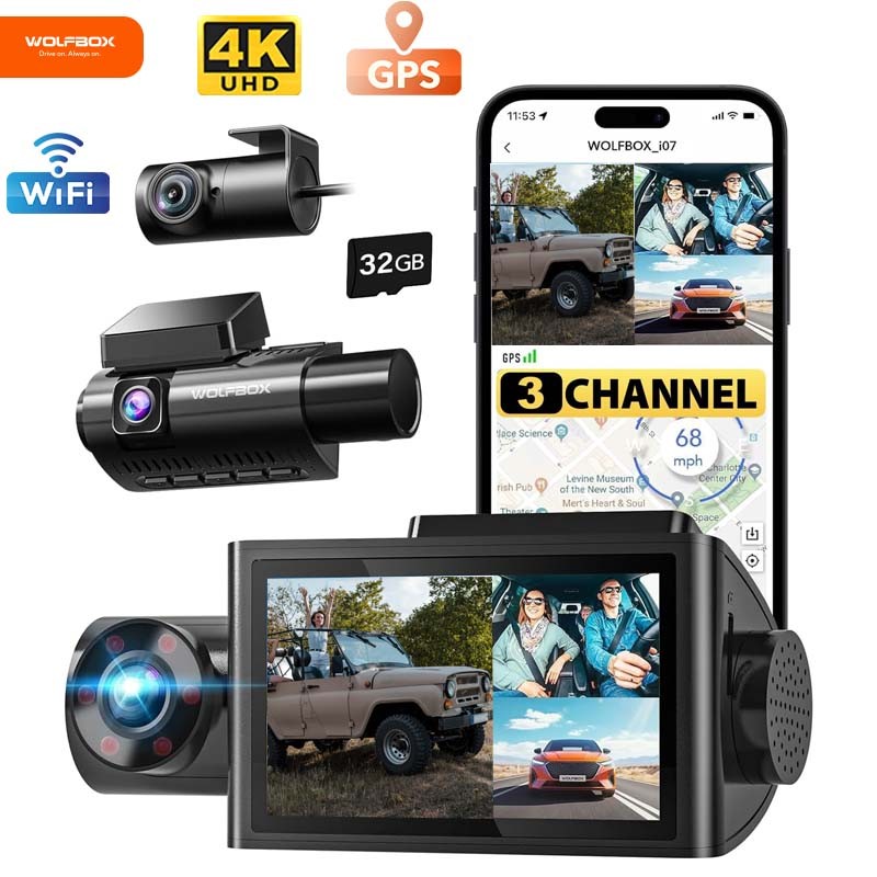 WOLFBOX I07 3 Channel Dash Camera 4K Front and Rear Dash Cam Built-In WiFi & GPS