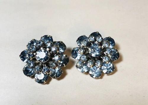 Vintage Blue Cluster Earrings Silver Clip On Rhinestone Jewelry Costume