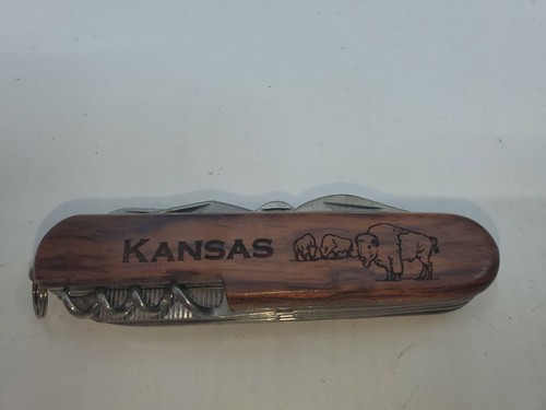 Multi-tool Pocket Knife Letter "H" Kansas Buffalo Engraved On Wood Handle - Picture 2 of 8