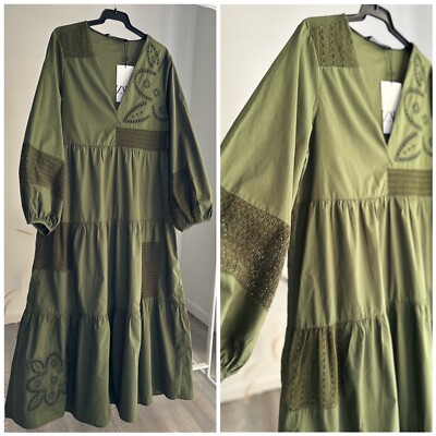 ZARA NEW WOMAN POPLIN EMBROIDERED MIDI DRESS KHAKI GREEN 3798/022 S M | eBay