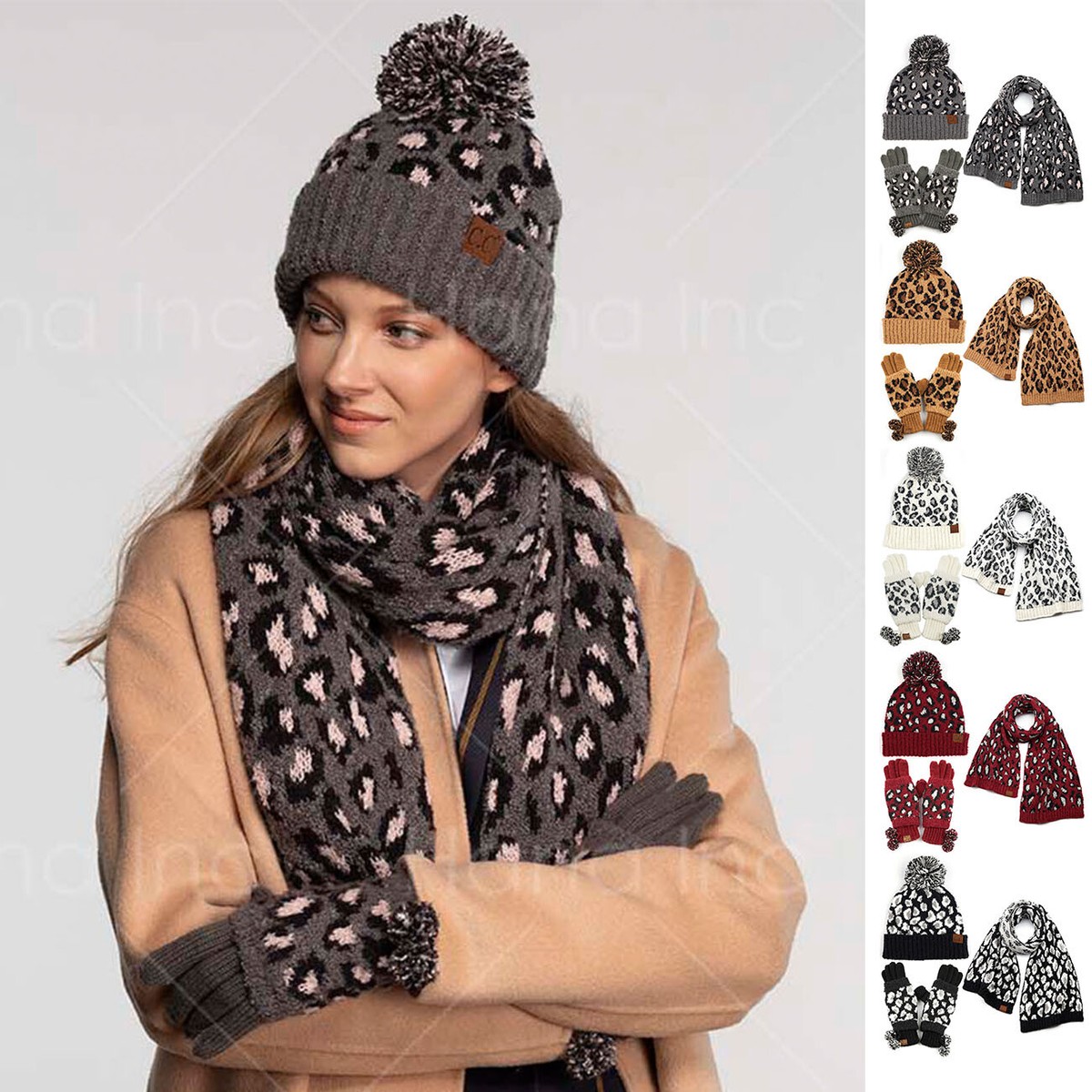 Beanie Hats Cc Beanie Scarf 3pc Set Women Trendy Animal Leopard