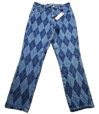 Eco Diamond Print Mom Jeans High Rise Straight Leg Womens Sizes 0-14 Blue