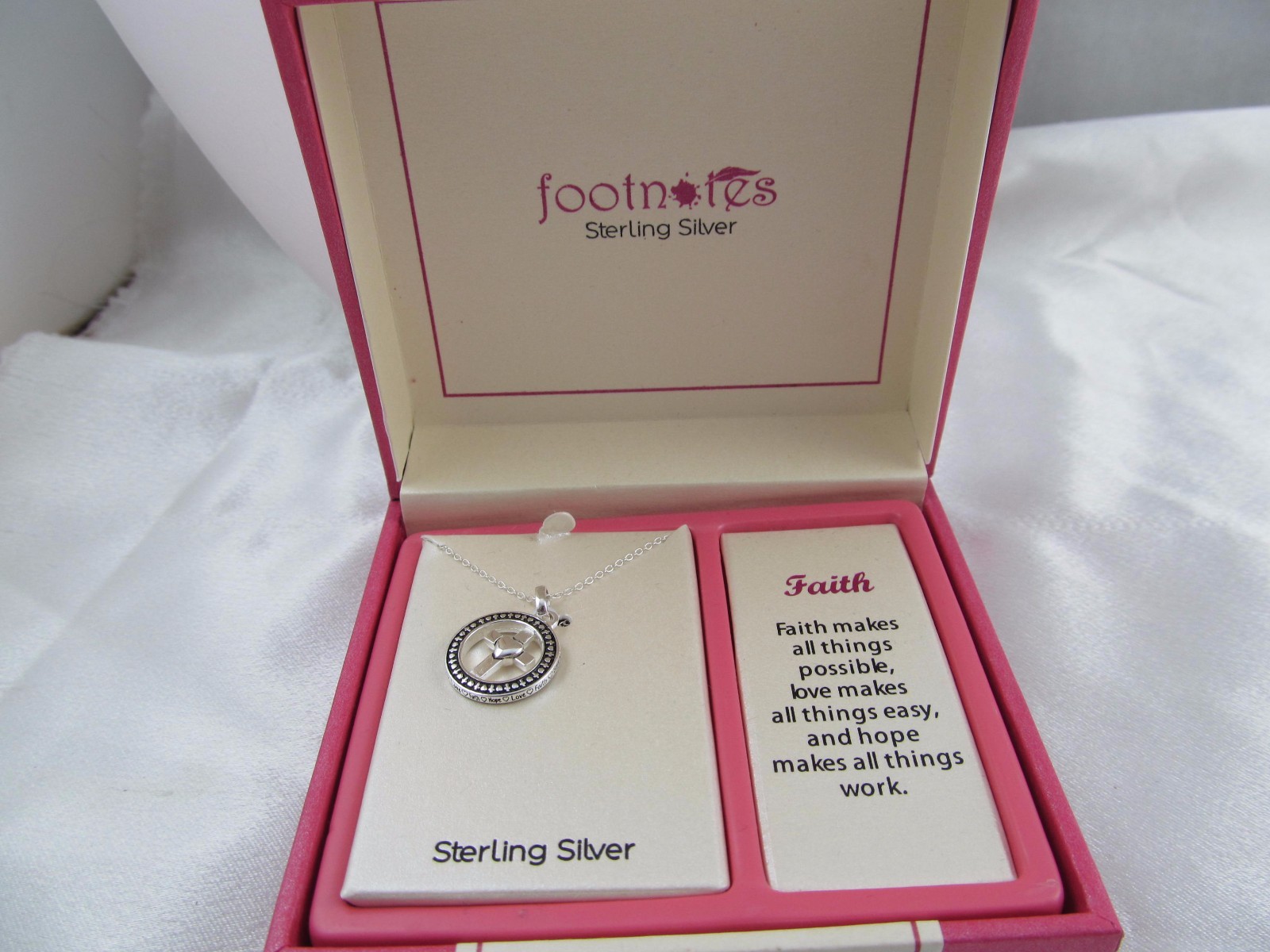 NIB FOOTNOTES STERLING SILVER CROSS & HEART NECKLACE, Faith, Inscribed