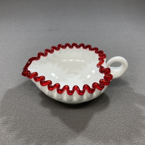 Fenton Art Glass White Ruby Red Crest Heart Shape Bon Bon Nappy Relish Dish 6" - Picture 5 of 7
