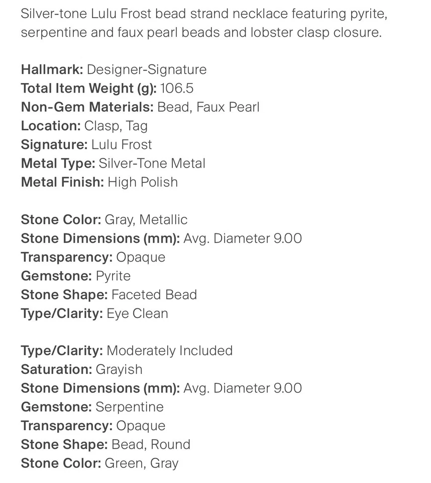 $495 Lulu Escarcha Cuentas Largas Pirita Serpentina Perla Cadena Collar Distintivo Foto 4 de 4