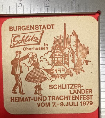 BURGENSTADT SCHLITZ AUERHAHN BIER3.5 INCH SQUARE BEER COASTER RARE VINTAGE