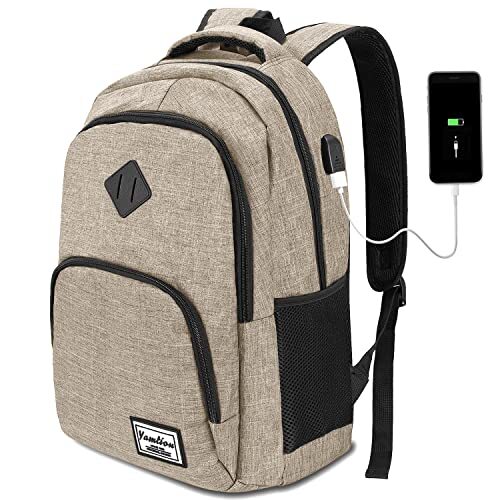 15.6 Inch Beige Laptop School Backpack for Men with Multiple Compartments  