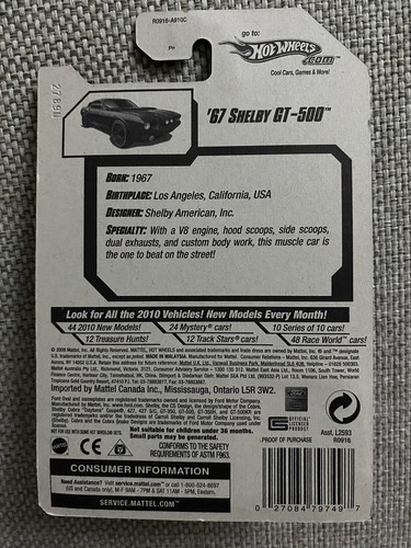 Hot Wheels 2010 nuevos modelos #01 '67 Shelby GT-500 verde oscuro con rayas doradas - Imagen 5 de 5