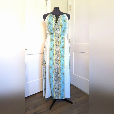 Mi Ami Womens Maxi Dress Plus Size XL Halter Neckline Floral Turquoise Yellow