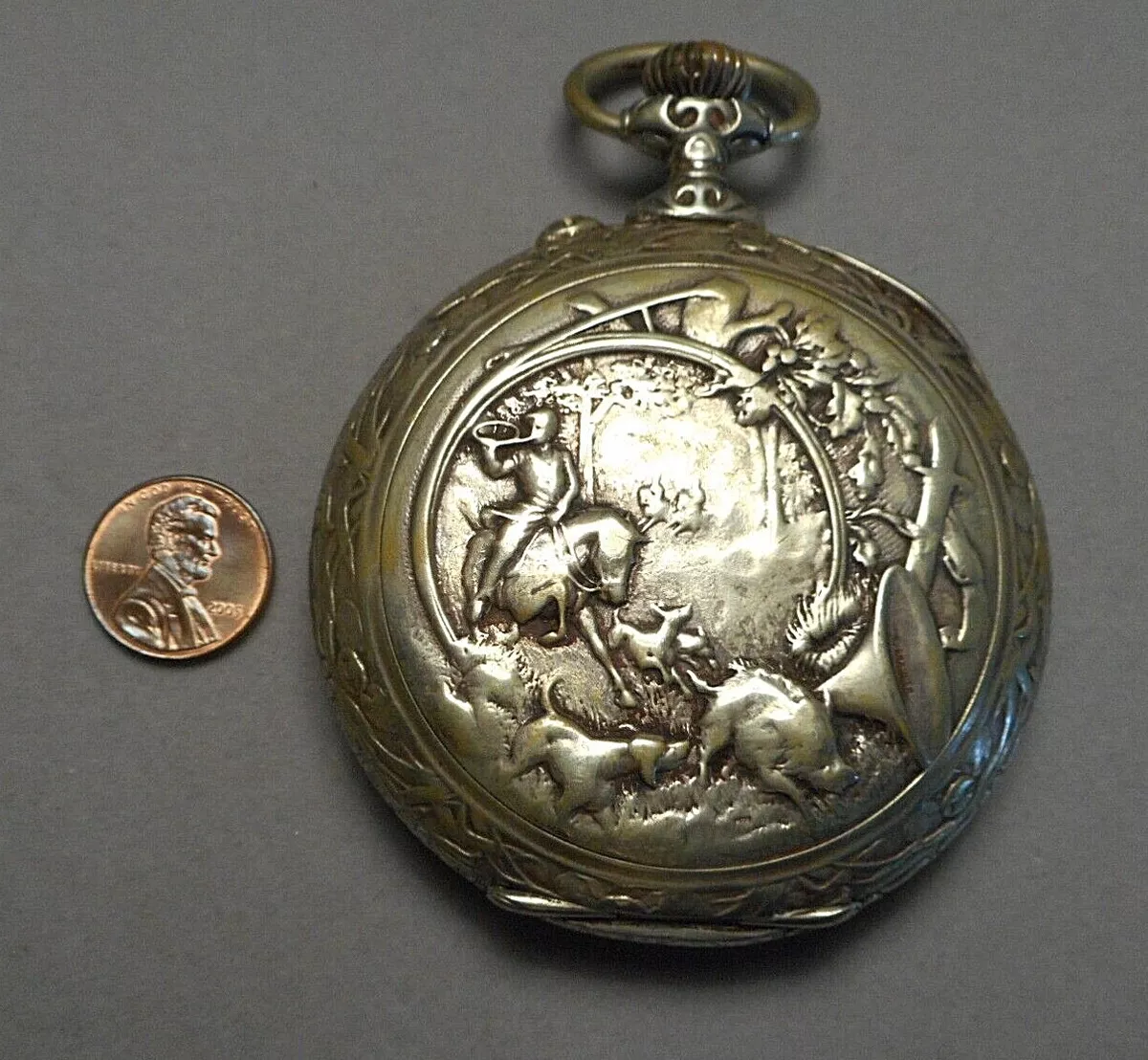 Antique Pocket Watch DOXA Swiss 70mm Silver Plated Case Hunting Scene 640876