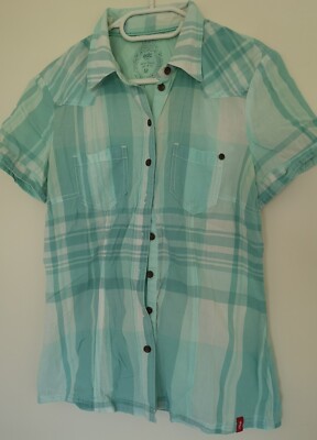 Esprit T Shirt Blouse Polo Shirt Womens M Plaid Green Turquoise 