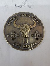 Vintage american indian"Buffalo Skull Society Life Member" Brass 3" Belt Buckle