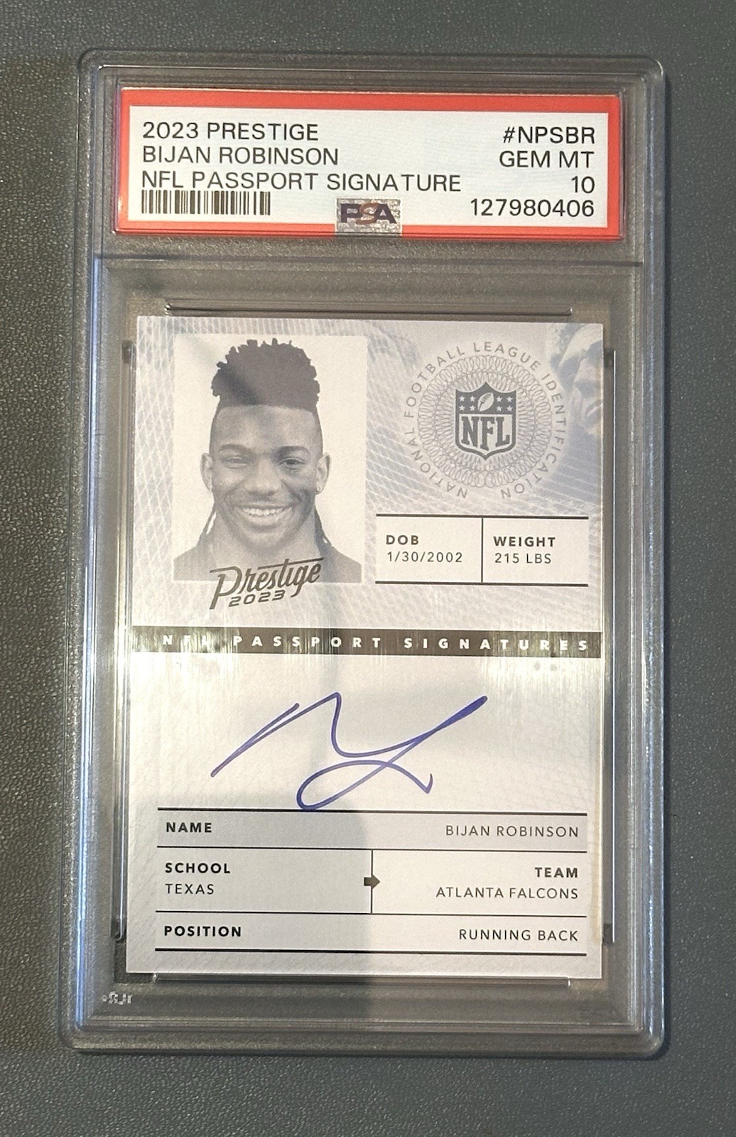 2023 Prestige Bijan Robinson NFL Passport On Card Rookie Auto PSA 10 Gem POP 9