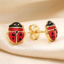 14K Real Solid Yellow Gold Poke-A-Dot Enamel Ladybug Stud Earrings Push-backs