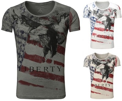 Akito Tanaka Herren vintageLook T-Shirt Eagle tiefer RundhalsAusschnitt USAPrint