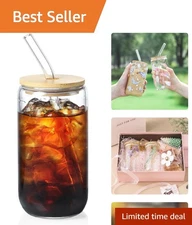 Aesthetic 16 oz Reusable Drinking Glass Set with Bamboo Lids - Great for Gifts
