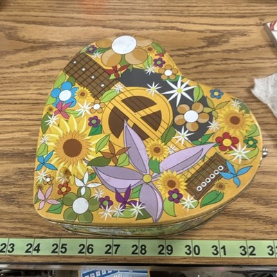 Heart Shaped Tin Box Yellow Multicolor Floral Peace Sign Handle Lid 1970s Medium