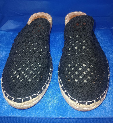 Women s Black Crochet Espadrille Flats Slip-On Round Toe Mules US 6 EU 36