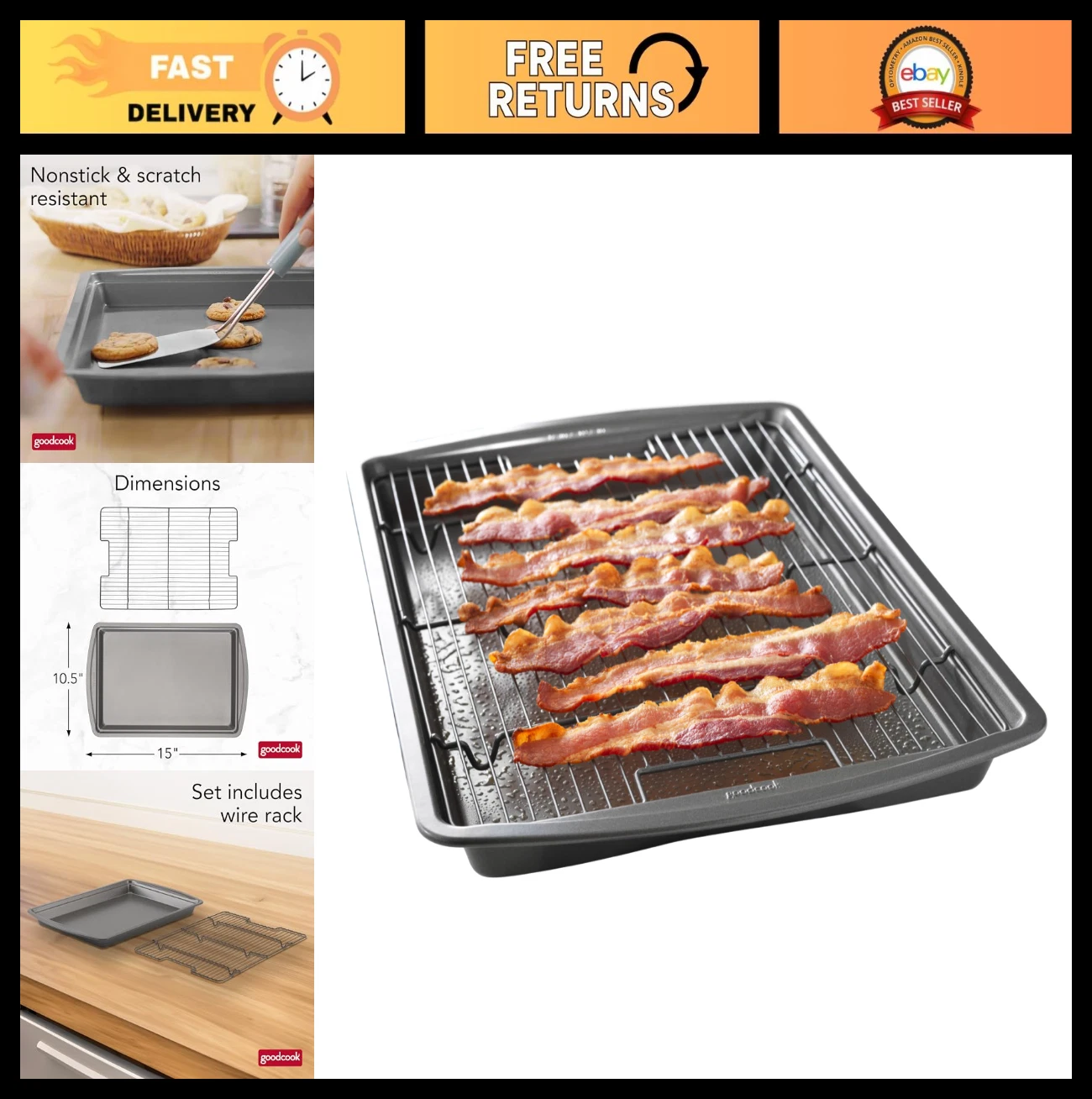 Nonstick Carbon Steel Baking Pan & Wire Rack Set - Pizza Crisper, Cooling Rack,