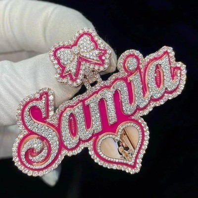 3.00 Ct Round Cut Moissanite Custom Name Enamel Pendant 14K Rose Gold Plated