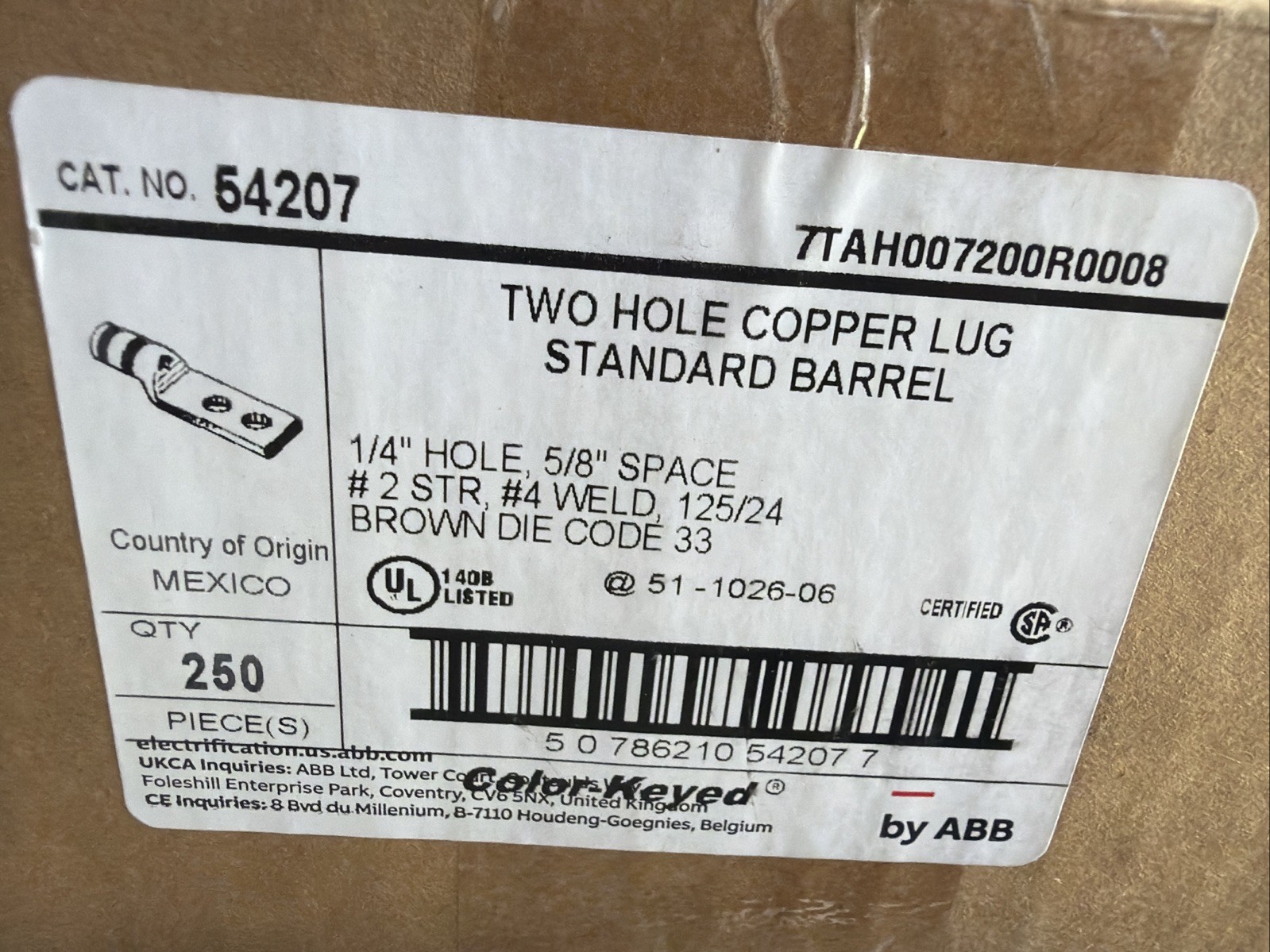 250-Pack ABB 54207 2-Hole Copper Lug Standard Barrel Brown Die Code 33