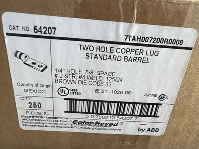 by ABB 54207  2-Hole Copper Lug Standard Barrel Brown Die Code 33. Qty 250
