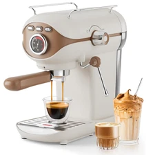 Cafetera espresso 20 BAR compacta con vaporizador de leche, blanca y elegante.