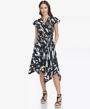DKNY Women's Dress Printed Tie-Waist Asymmetrical-Hem Linen Size 6