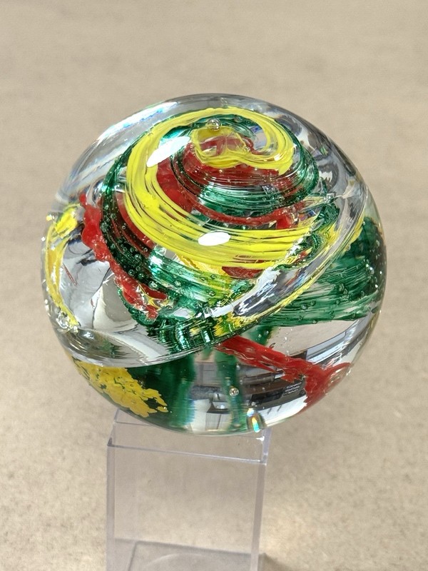 Art Glass Paperweight Multicolor Spiral Swirl Red Yellow Green Bubbles