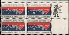 US #1306 MNH zip block of 4, 5c Migratory Bird Treaty