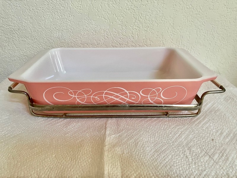Vintage Pyrex Pink Scroll 575 B Space Saver Baking Dish, 2 Qt, with metal cradle