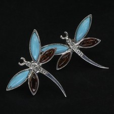 VTG Sterling Silver POLAND Baltic Amber Turquoise CZ Dragonfly Post Earrings 3g