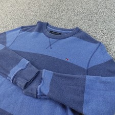 Tommy Hilfiger Sweater Mens M Blue Rugby Striped Waffle Knit Thermal Crewneck